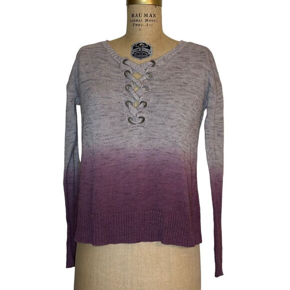 AEO Purple Ombré lace up neck cotton blend sweater - Picture 4 of 9